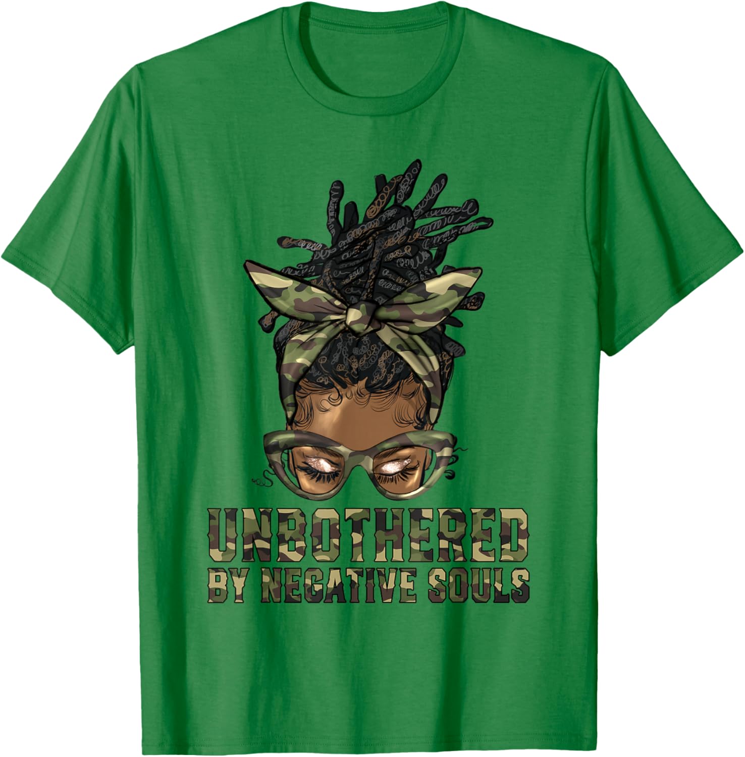 Loc'd Hair Messy Bun Black Woman Girl Camo Unbothered T-Shirt - T-Shirt | Irish Green