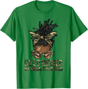 Loc'd Hair Messy Bun Black Woman Girl Camo Unbothered T-Shirt - T-Shirt | Irish Green