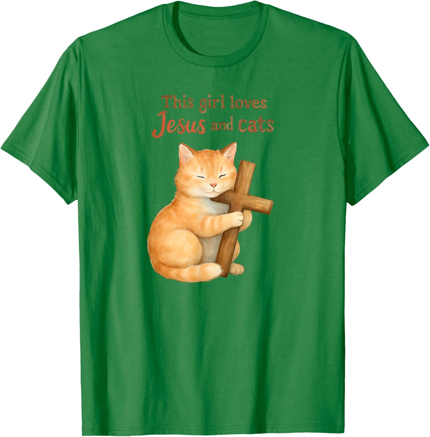 Christian This Girl Loves Jesus and Cats Cat Hugging Cross T-Shirt - T-Shirt | Irish Green