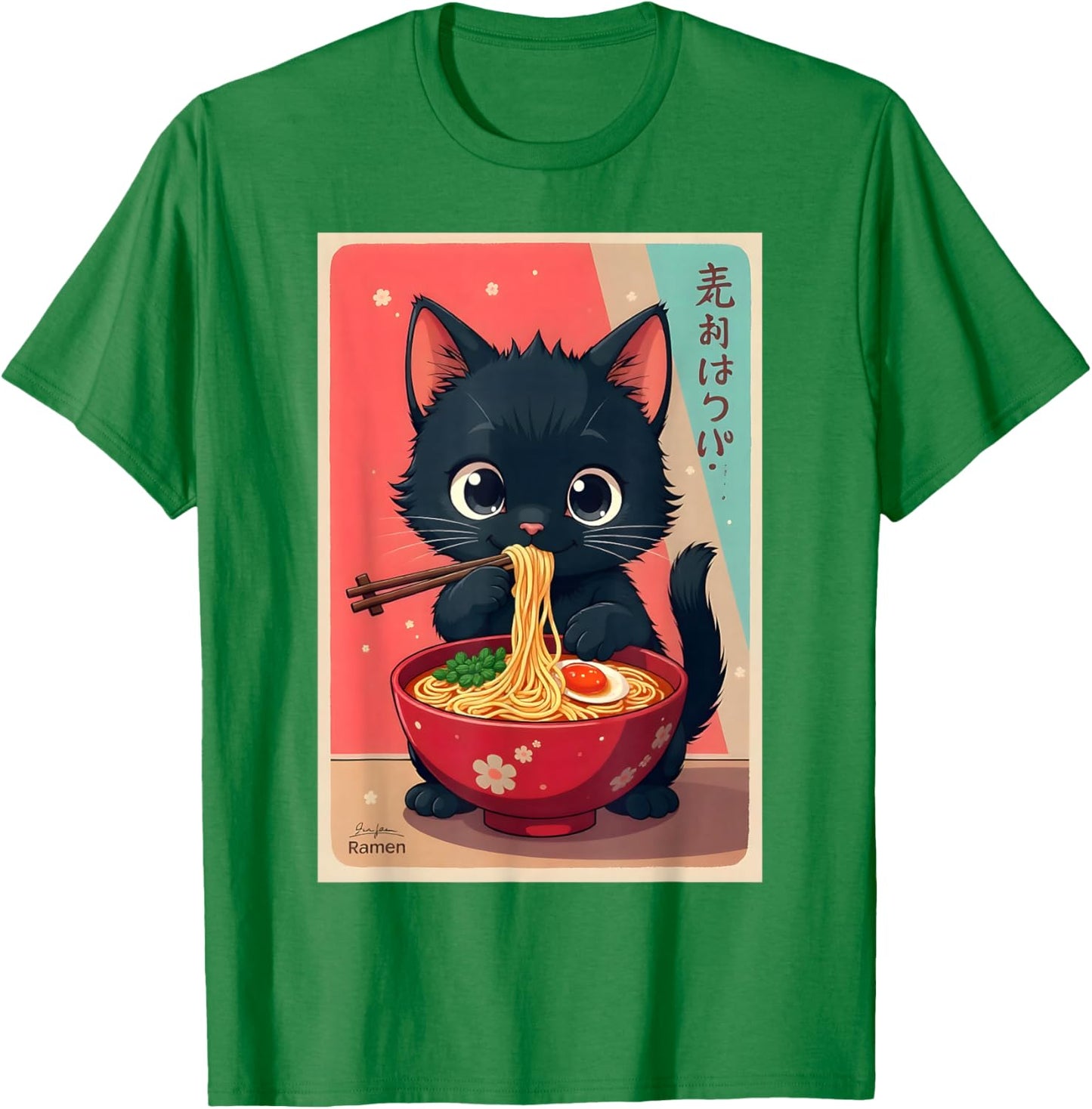 Kitten Eating Japanese Noodles Anime Manga Baby Cat Ramen T-Shirt - T-Shirt | Irish Green