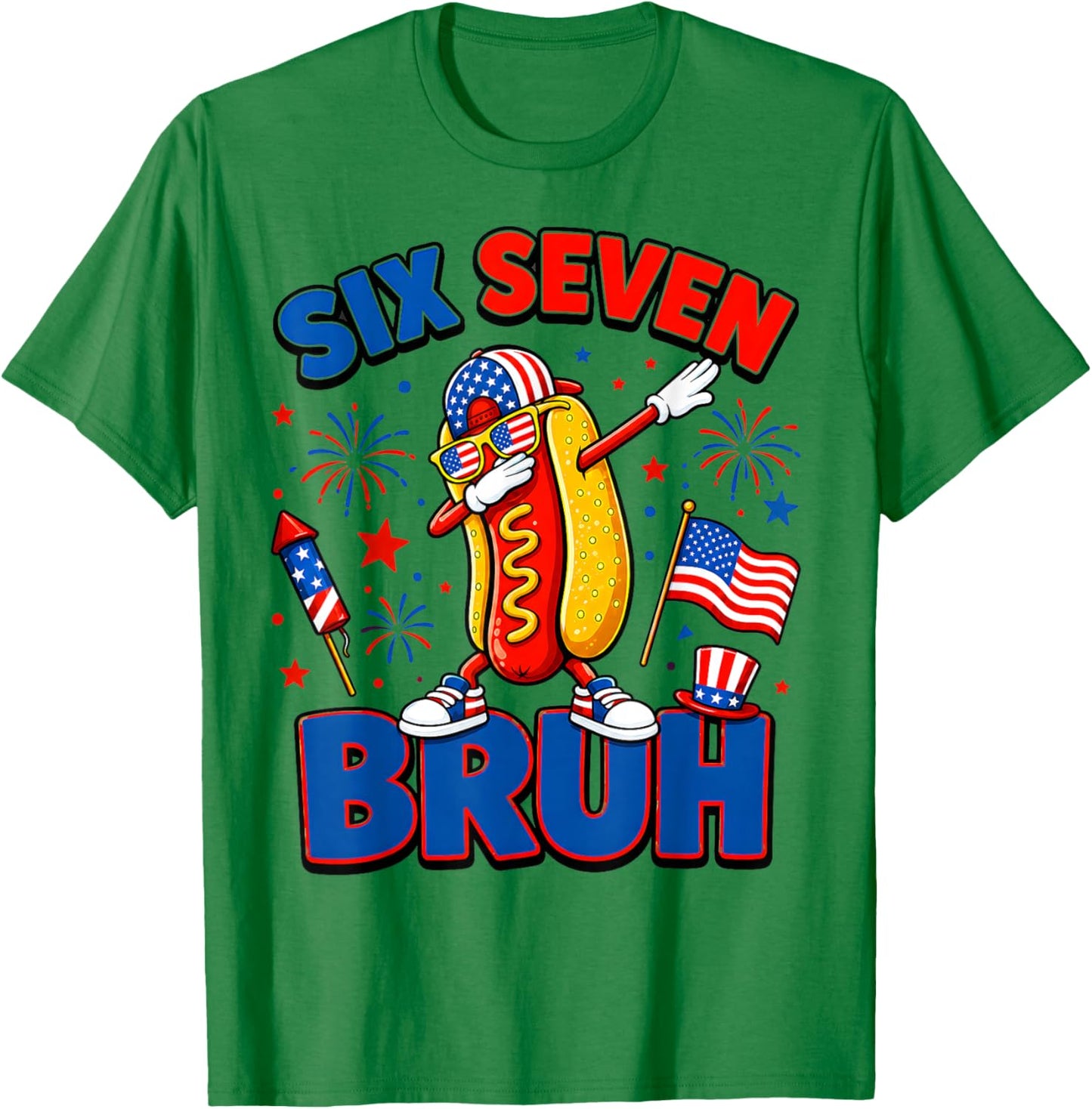 Funny Hotdog Dabbing Six Seven Bruh 4th of July Hot Dog T-Shirt - T-Shirt | Irish Green