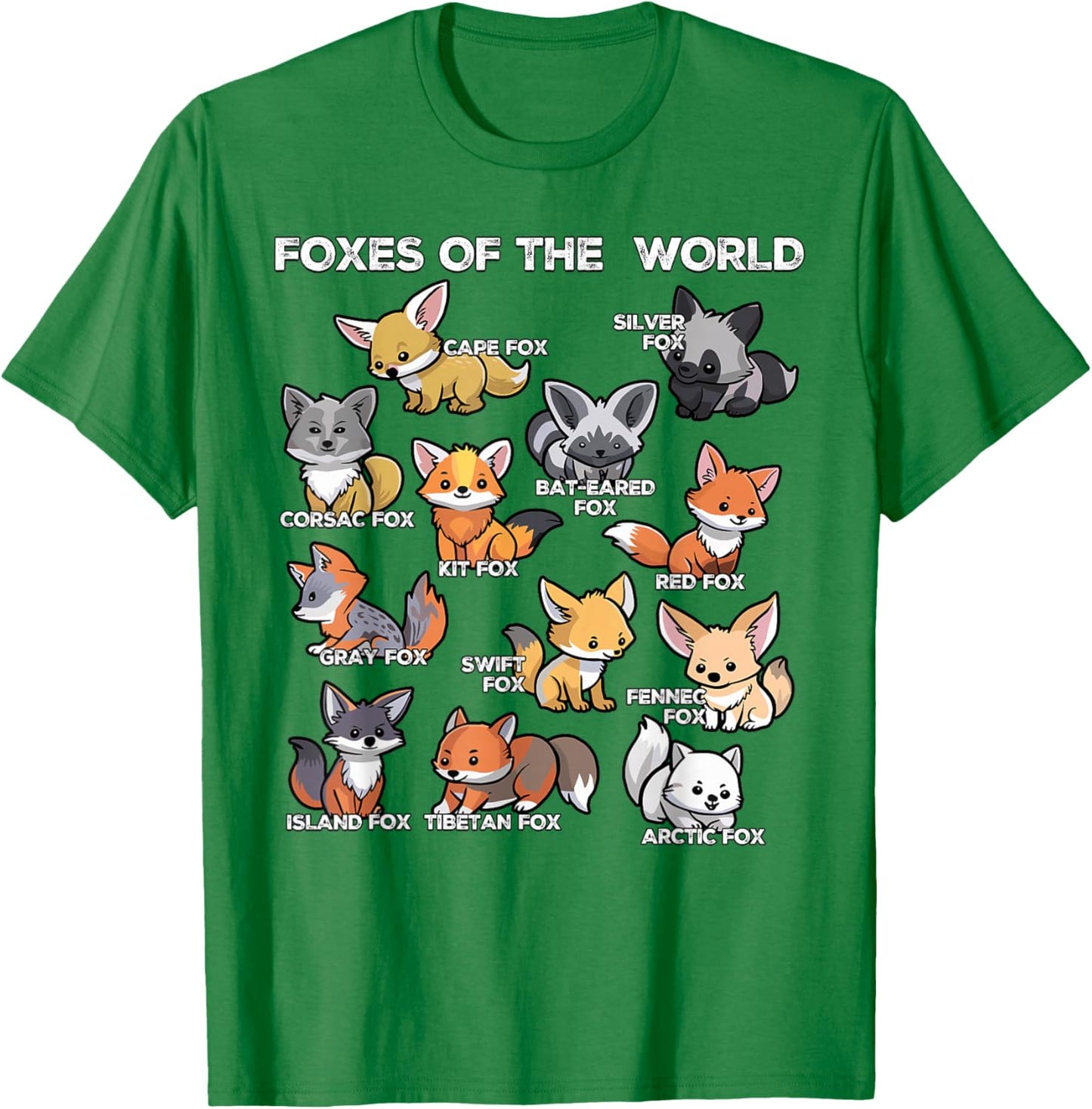 Foxes of the World Educational Animal Fox Lover Kawaii Fox T-Shirt - T-Shirt | Irish Green