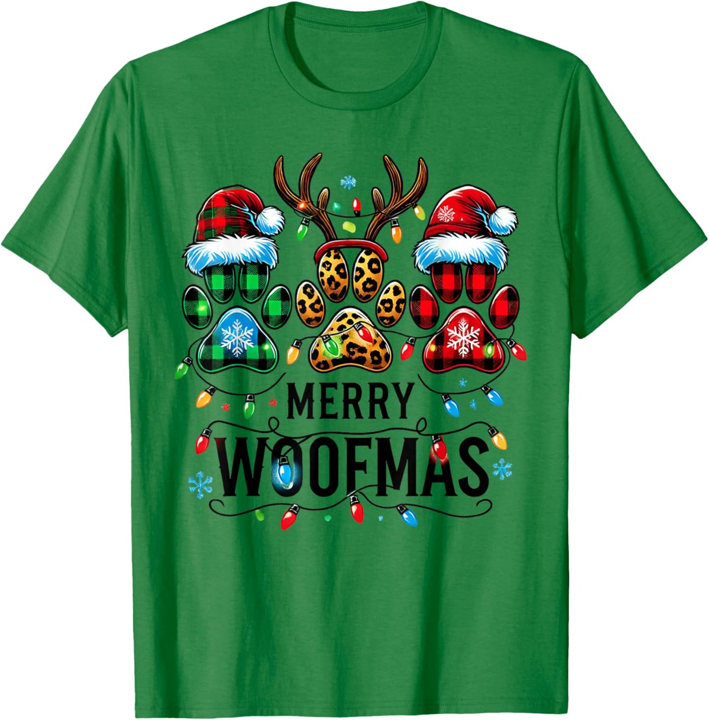 Merry Woofmas Dog Paw Christmas Lights Xmas Reindeer Santa Men Women Kids T-Shirt - T-Shirt | Irish Green