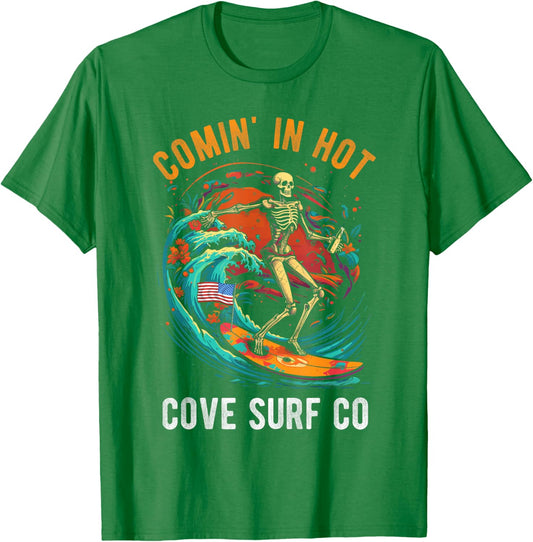 COMIN' IN HOT COVE Surf CO Skeleton Surf T-Shirt - T-Shirt | Irish Green