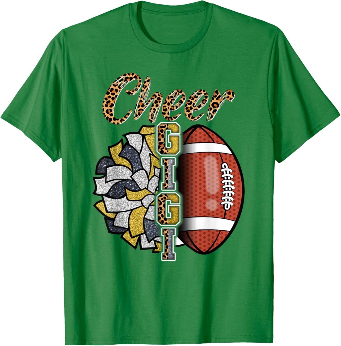 Football Cheer Gigi Grandma Gold Black Pom Pom Leopard T-Shirt - T-Shirt | Irish Green