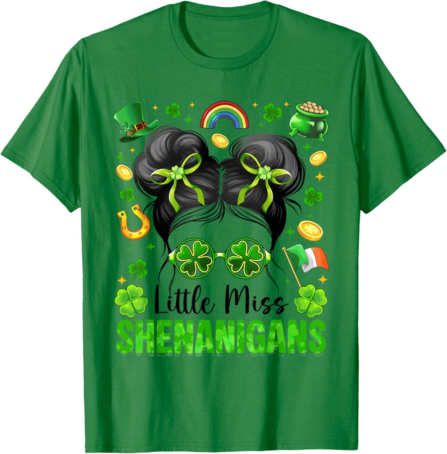 Miss Shenanigans Messy Bun Shamrock St Patrick Day Girl Kids T-Shirt - T-Shirt | Irish Green