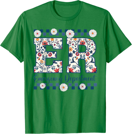 Floral ER Nurse Emergency Department Emergency Room RN T-Shirt - T-Shirt | Irish Green