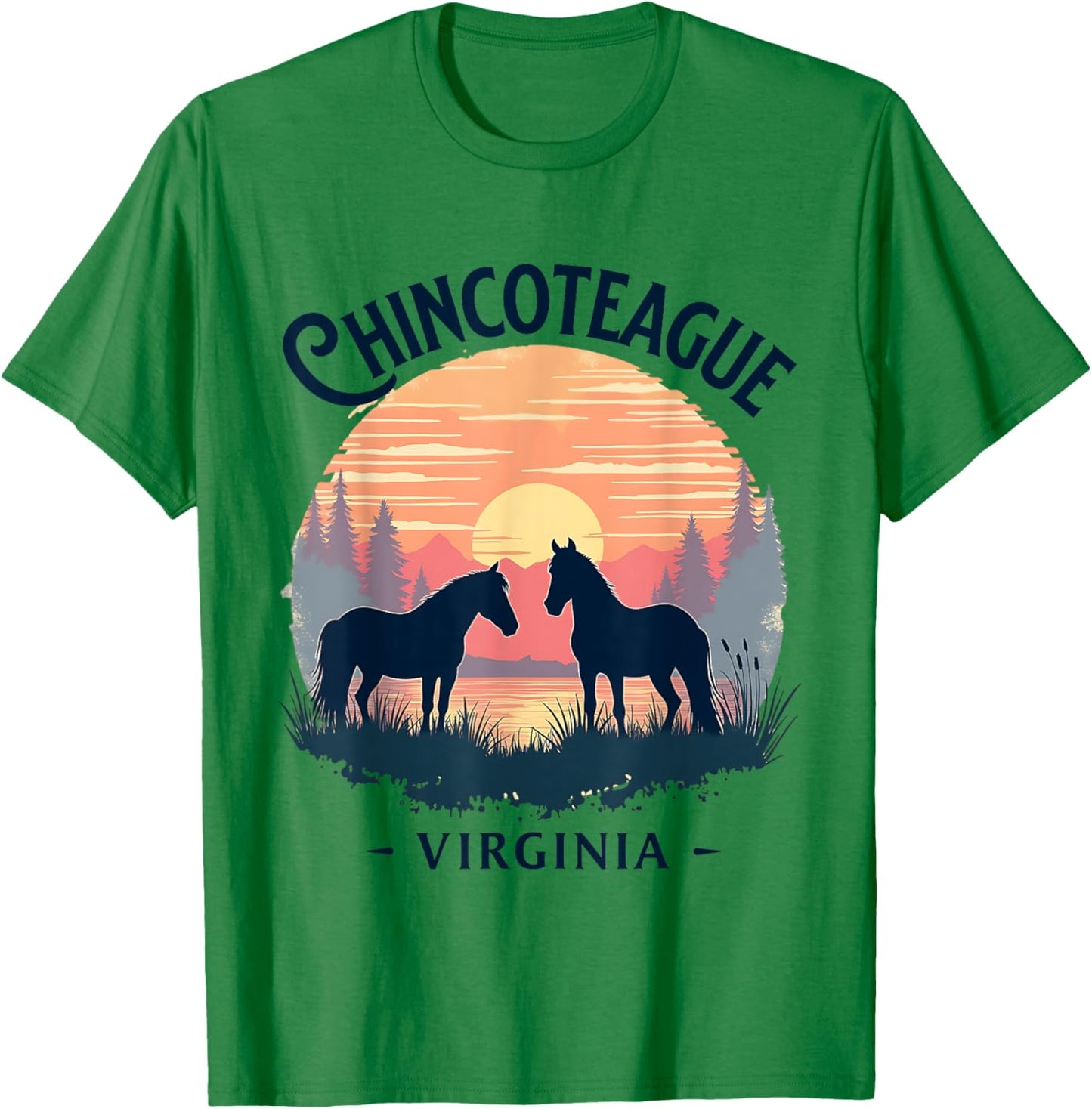 Chincoteague Virginia Scenic Sunset Horse Design T-Shirt - T-Shirt | Irish Green