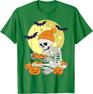 Funny Halloween Skeleton Gamer Video Games Boys Gaming T-Shirt - T-Shirt | Irish Green