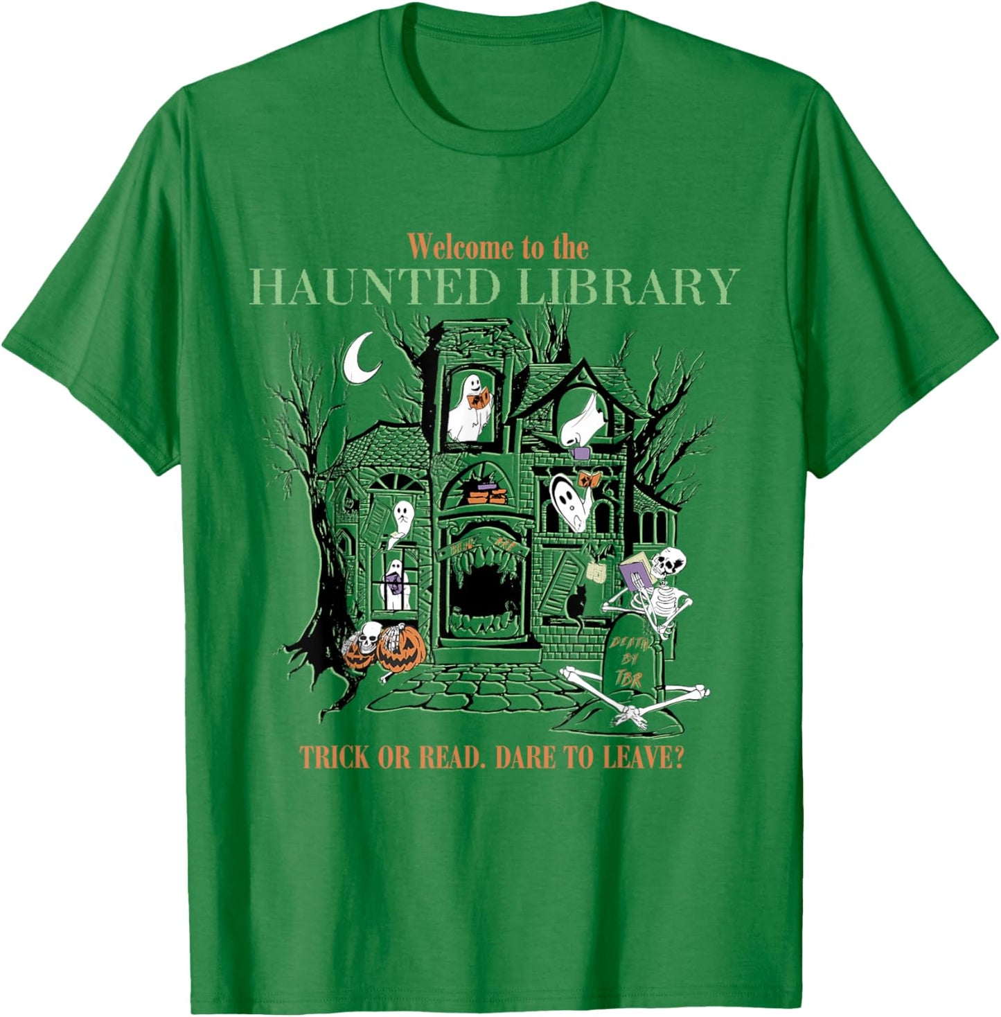 Retro Welcome To The Haunted Library Book Lovers Halloween T-Shirt - T-Shirt | Irish Green