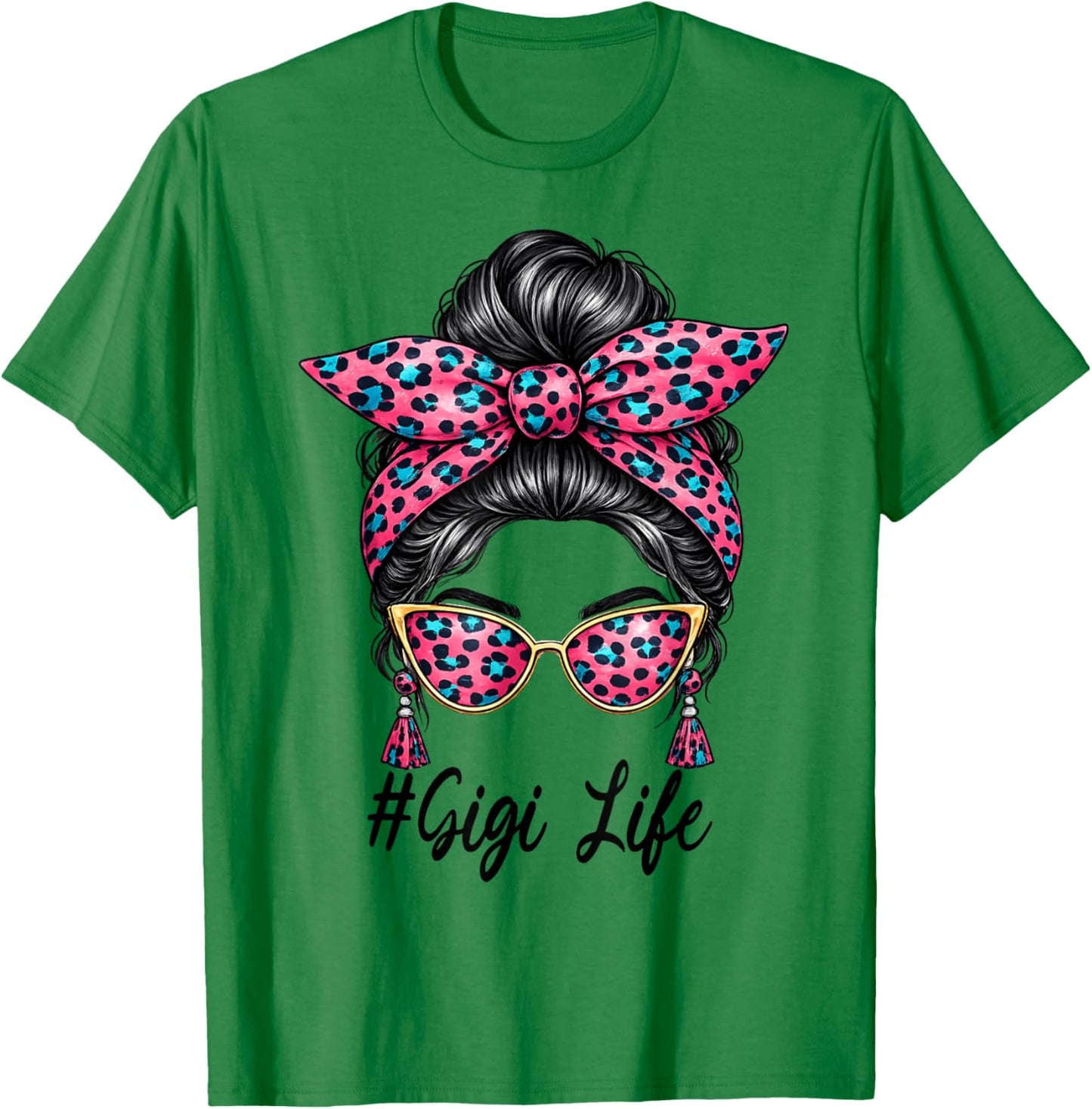 Gigi Life Mother's Day Leopard Messy Bun Mom Women Grandma T-Shirt - T-Shirt | Irish Green