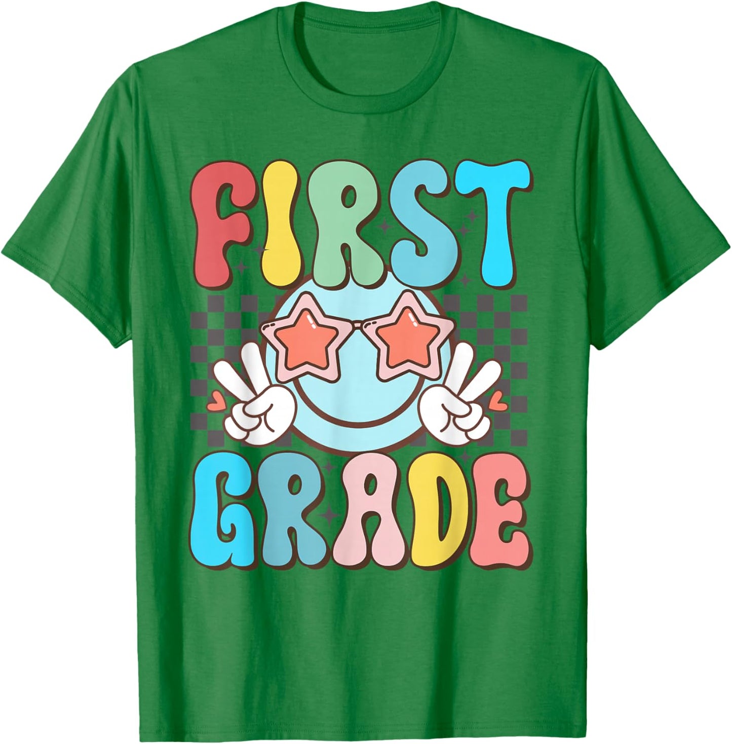 First Grade Retro Groovy Smile Face 1st Grade Teacher Women T-Shirt - T-Shirt | Irish Green