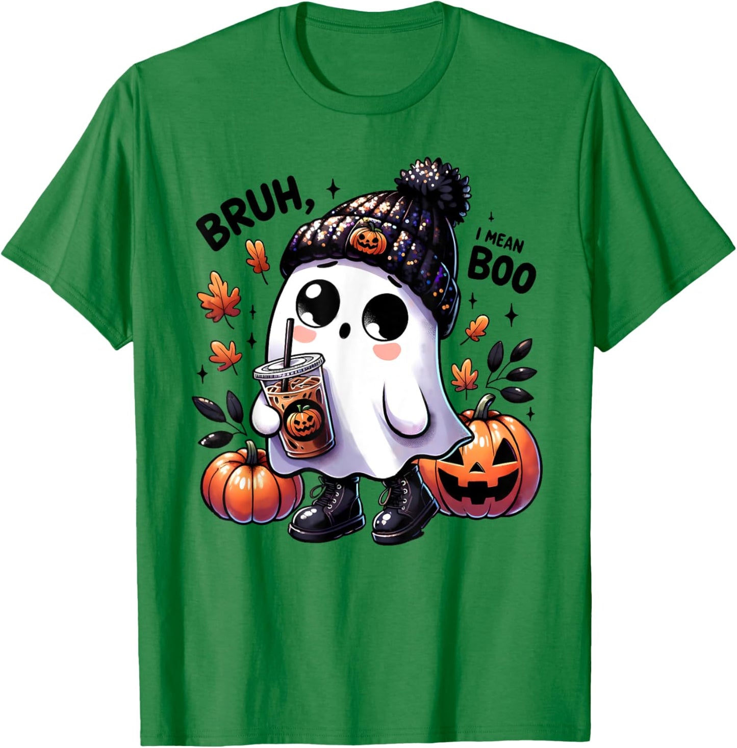 Bruh I Mean Boo Funny Ghost Jack O Lantern Coffee Halloween T-Shirt - T-Shirt | Irish Green
