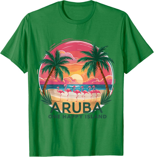 Aruba's One Happy Island beautiful sunset beach Flamingo T-Shirt - T-Shirt | Irish Green