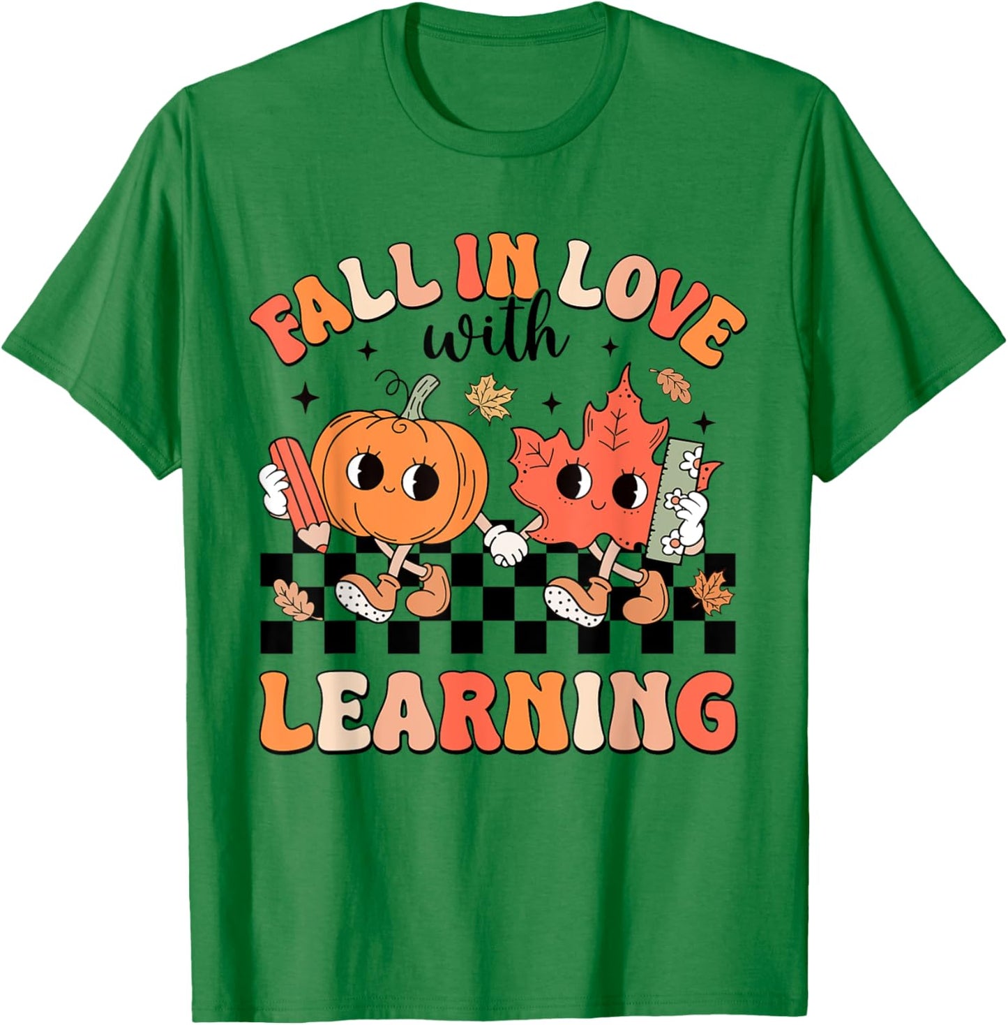 Retro Fall In Love With Learning Autumn Pumpkin Teacher T-Shirt - T-Shirt | Irish Green