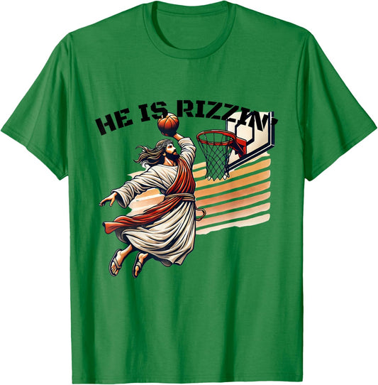 He Is Rizzin Basketball Slam Dunk Humor Fan Easter Christian T-Shirt - T-Shirt | Irish Green