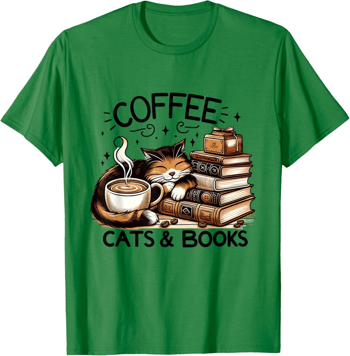 Funny Cute Coffee Cats Books Lover Gift Women Men Kids T-Shirt - T-Shirt | Irish Green