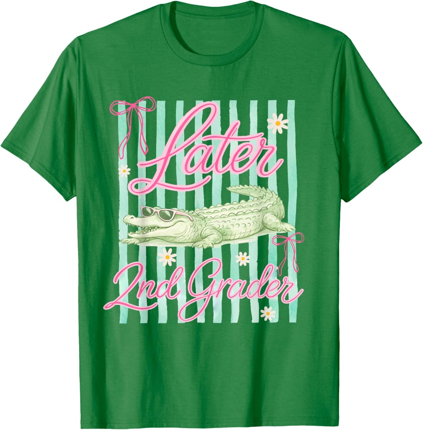 Striped Last Day of School Later 2nd Grader Gator Alligator T-Shirt - T-Shirt | Irish Green