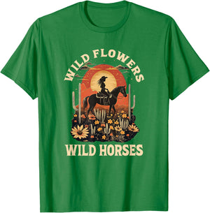 Western Sunset Cowgirl Riding Horse Wild Flowers Wild Horses T-Shirt - T-Shirt | Irish Green