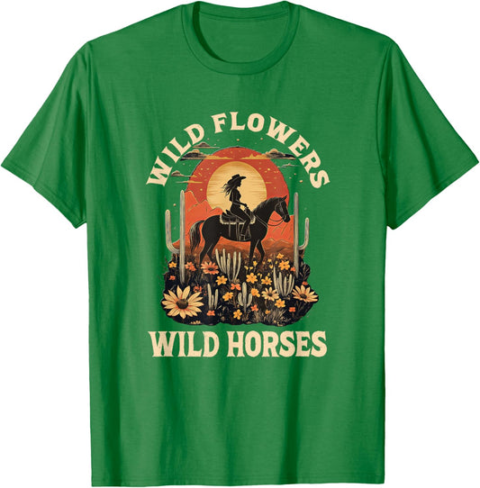 Western Sunset Cowgirl Riding Horse Wild Flowers Wild Horses T-Shirt - T-Shirt | Irish Green