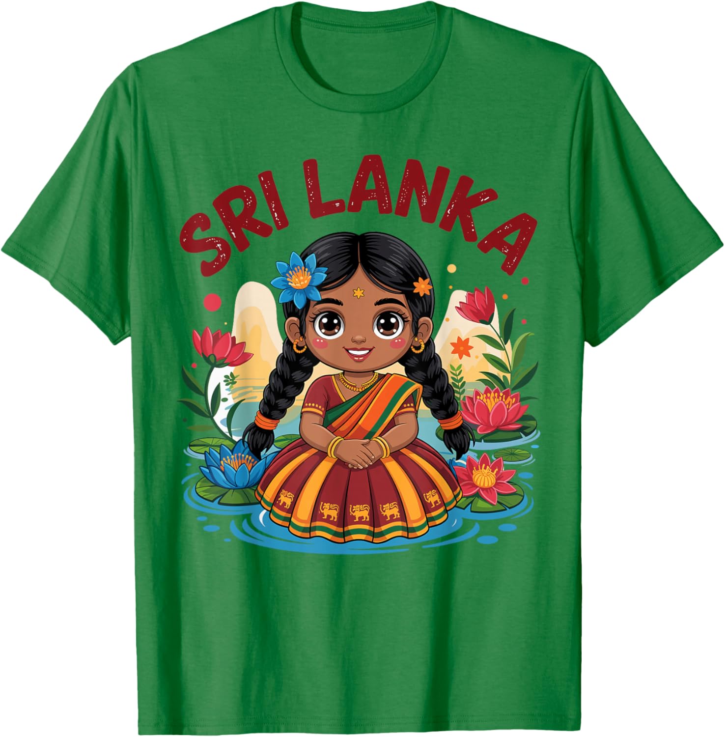 Sri Lankan Girl in Traditional Dress with Lotus Flowers Kids T-Shirt - T-Shirt | Irish Green