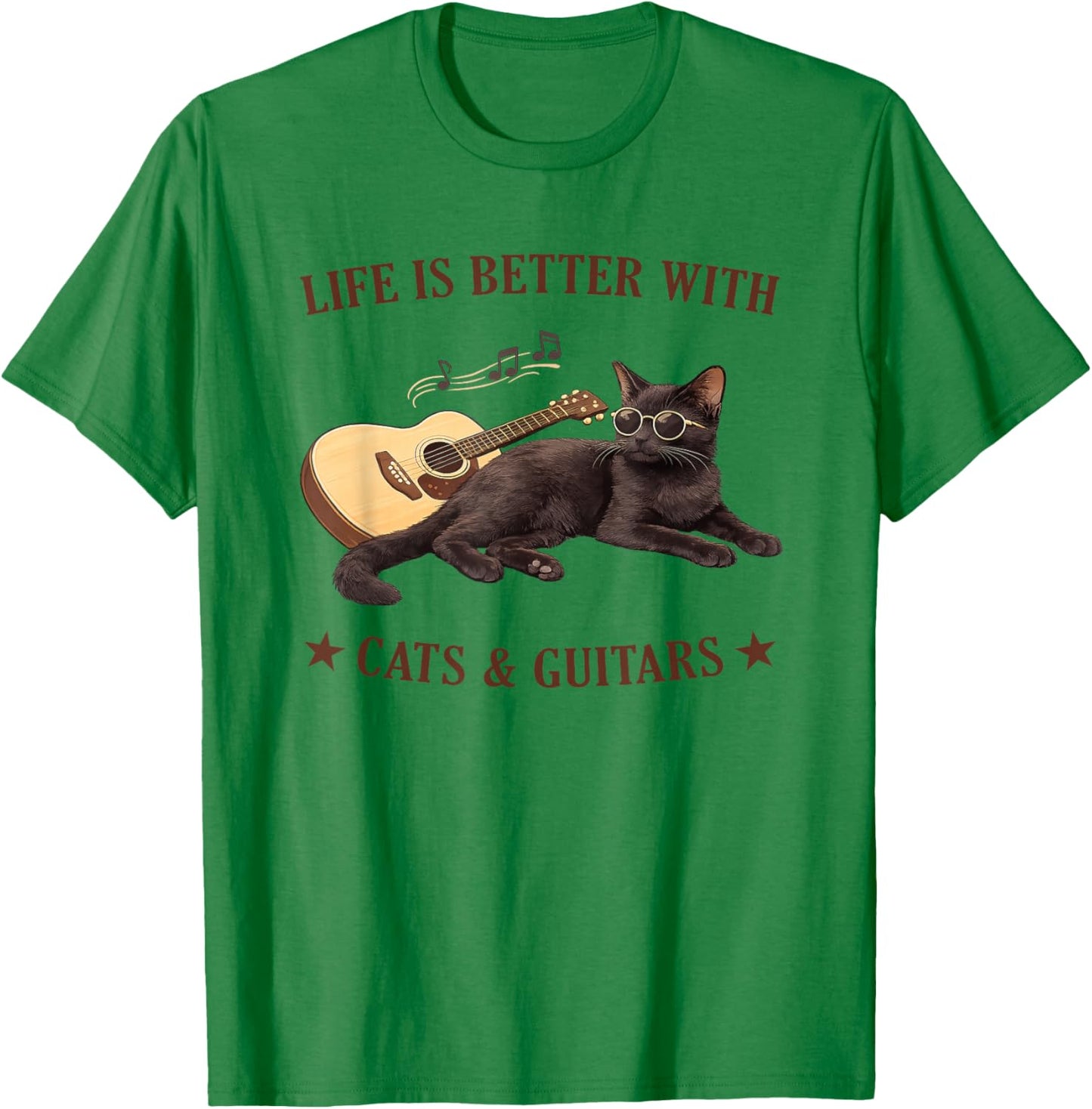 Life is Better with Cats and Guitars Black Cat Guitarist T-Shirt - T-Shirt | Irish Green