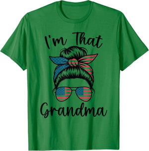 I'm That Grandma Messy Bun Women Patriotic USA American Flag T-Shirt - T-Shirt | Irish Green
