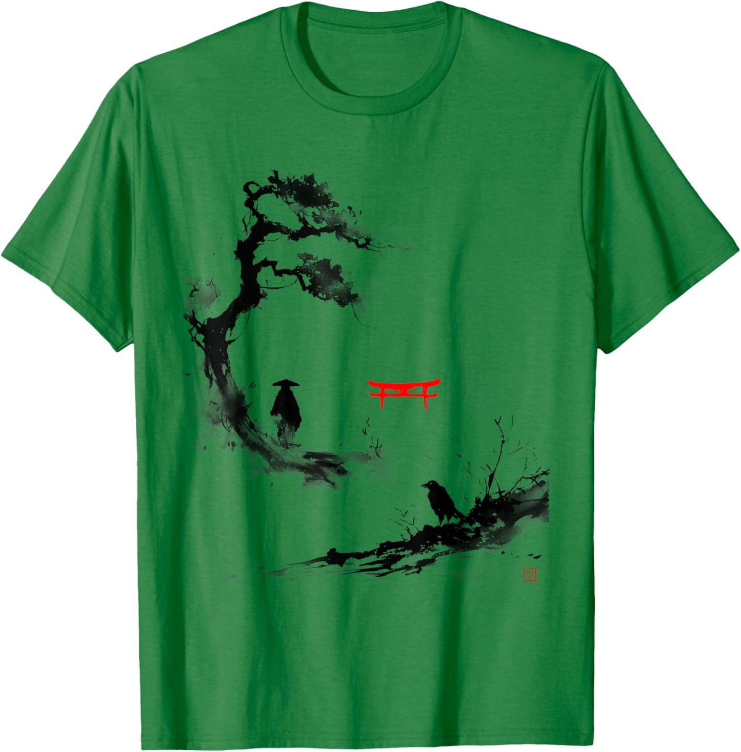 Samurai Zen Ink Art Japan Minimalism Raven Torii , White, S T-Shirt - T-Shirt | Irish Green