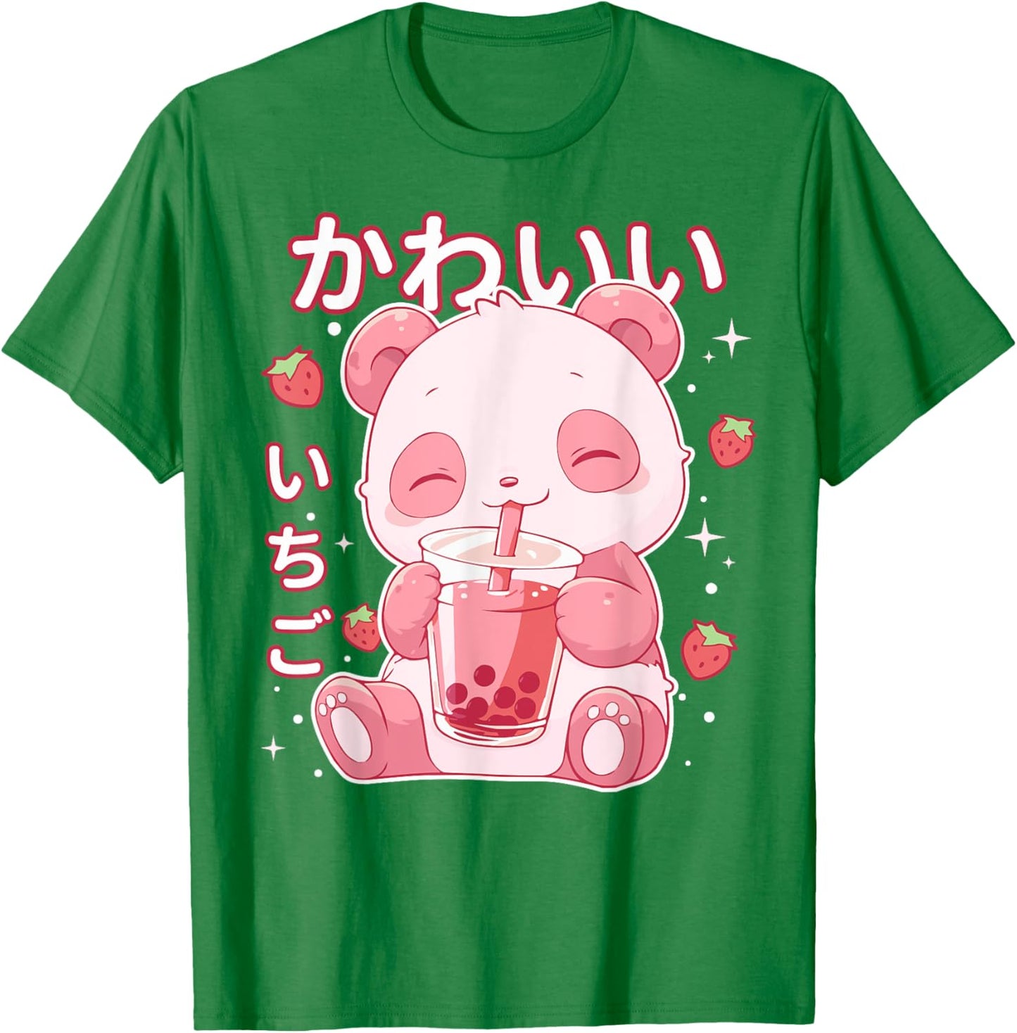 Kawaii Panda Strawberry Boba Milk Japanese Anime aesthetic T-Shirt - T-Shirt | Irish Green
