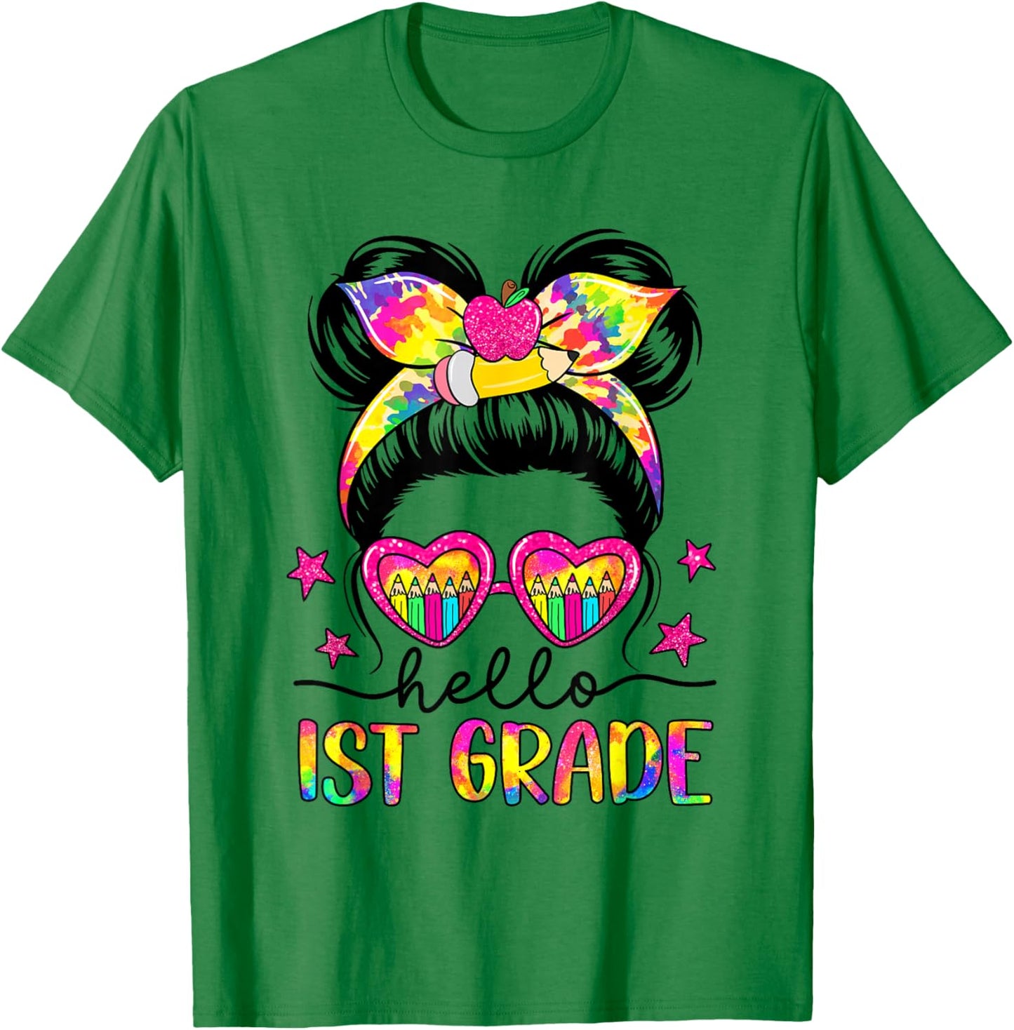 Hello First Grade Messy Bun Tie Dye First Day of School T-Shirt - T-Shirt | Irish Green