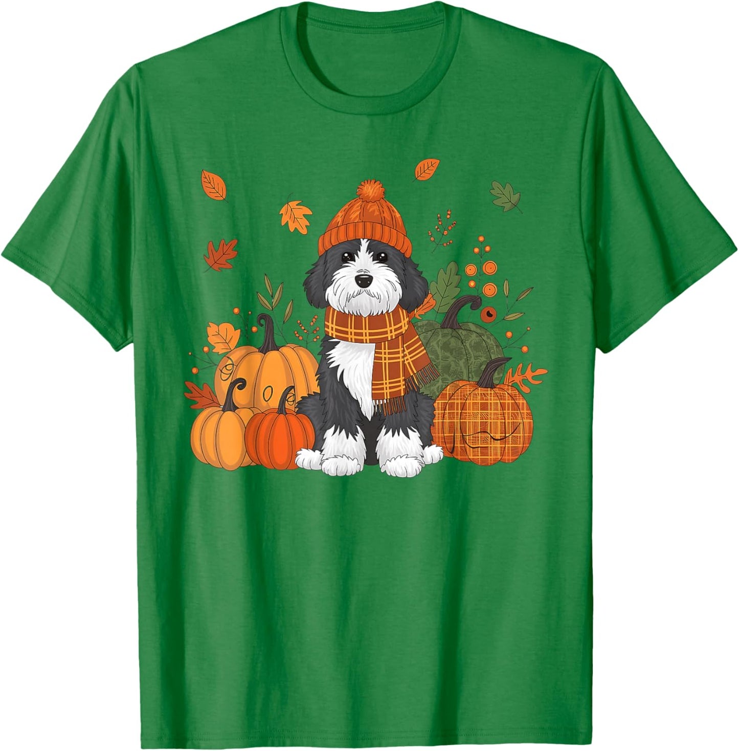 Bernedoodle Thanksgiving Leopard Pumpkins Fall Leaves Lover T-Shirt - T-Shirt | Irish Green