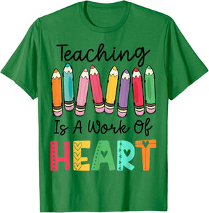 Teaching is A Work of Heart Pencil Colorful Teacher Student T-Shirt - T-Shirt | Irish Green