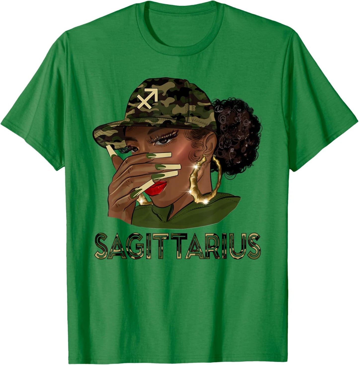 Sagittarius Queen Black Girl With Cap Camo Afro Woman Zodiac T-Shirt - T-Shirt | Irish Green
