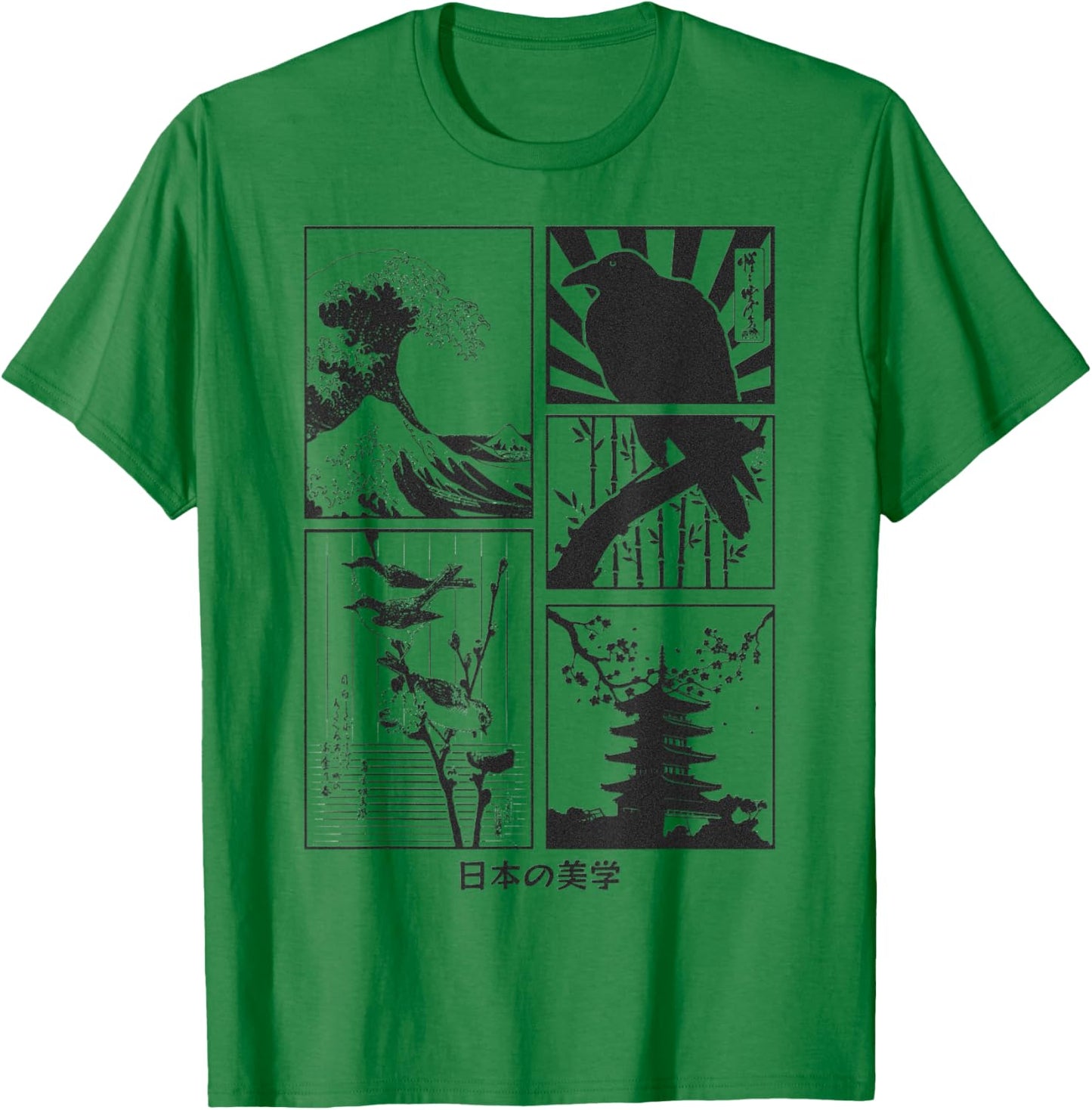 Japanese Art Birds on Cherry Blossom and Kyosai Crow Raven T-Shirt - T-Shirt | Irish Green