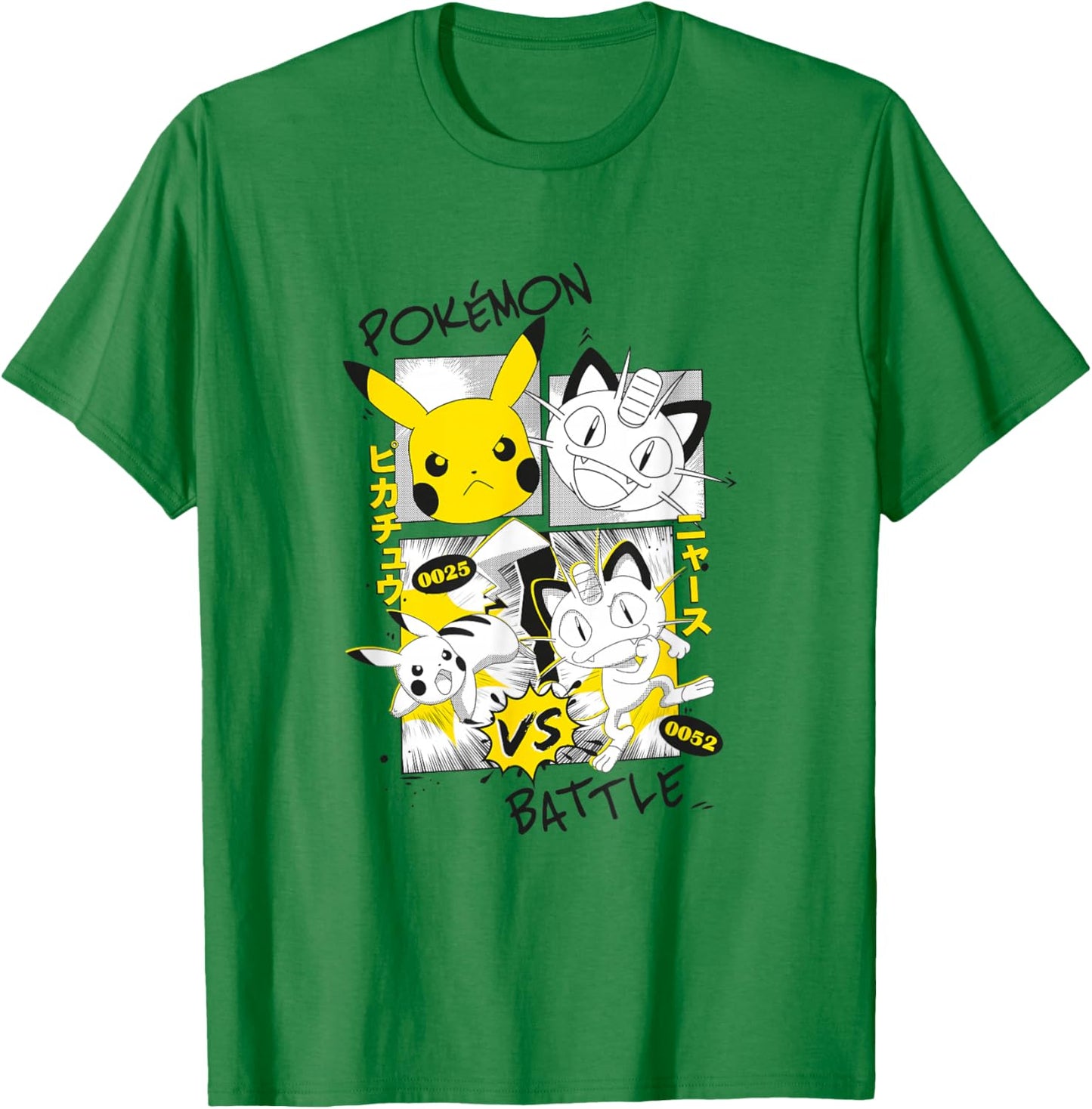 Pokémon Pikachu Vs Meowth Retro Panels Kanji Big Chest T-Shirt - T-Shirt | Irish Green