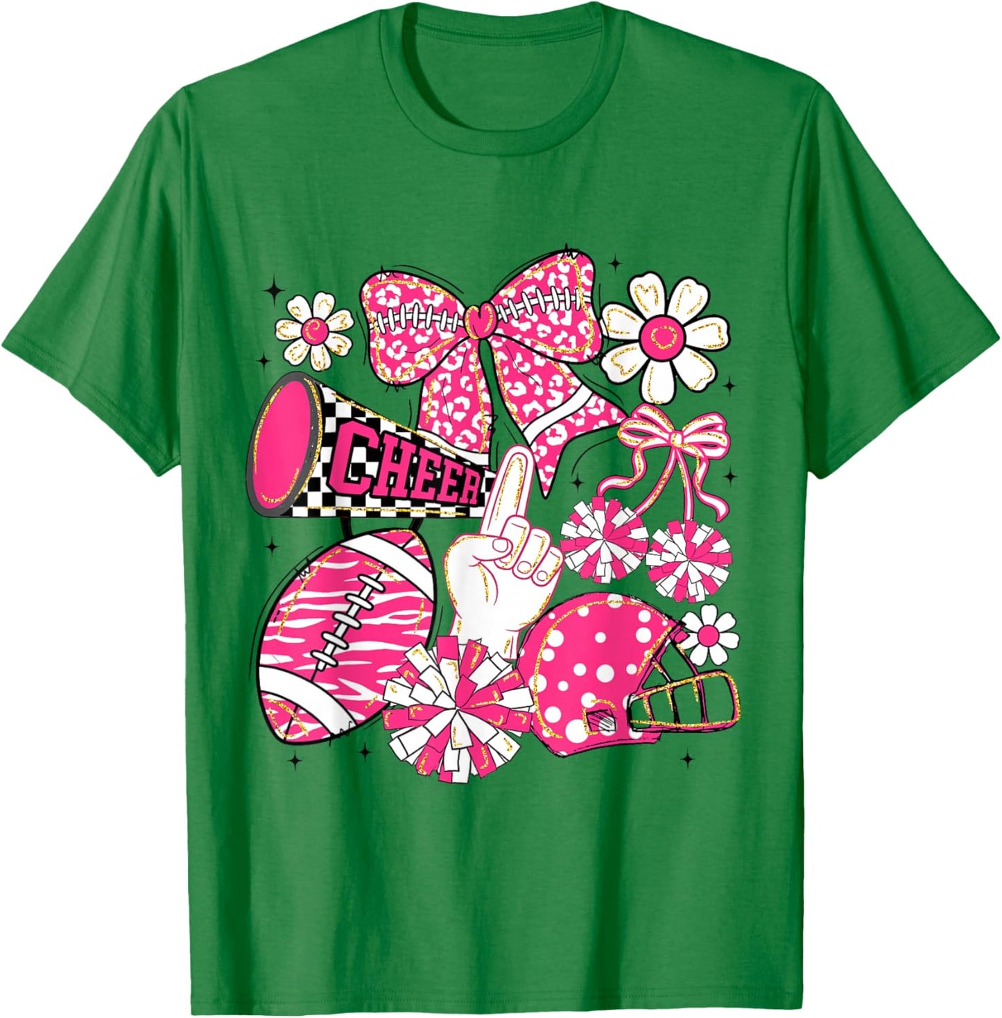 Coquette Bow Cheer Floral Football Game Day Cheerleading T-Shirt - T-Shirt | Irish Green