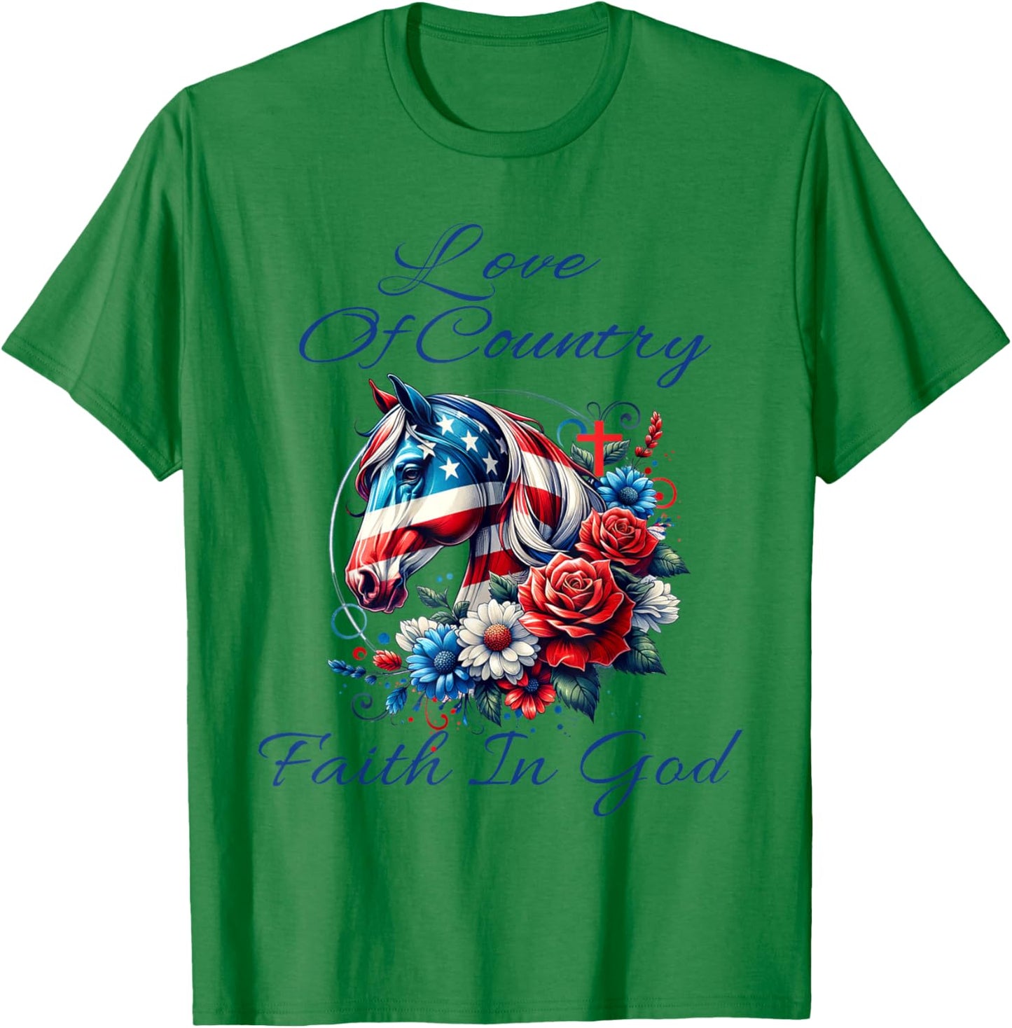 Patriotic Christian Faith In God Cool Horse Lady & Cross T-Shirt - T-Shirt | Irish Green
