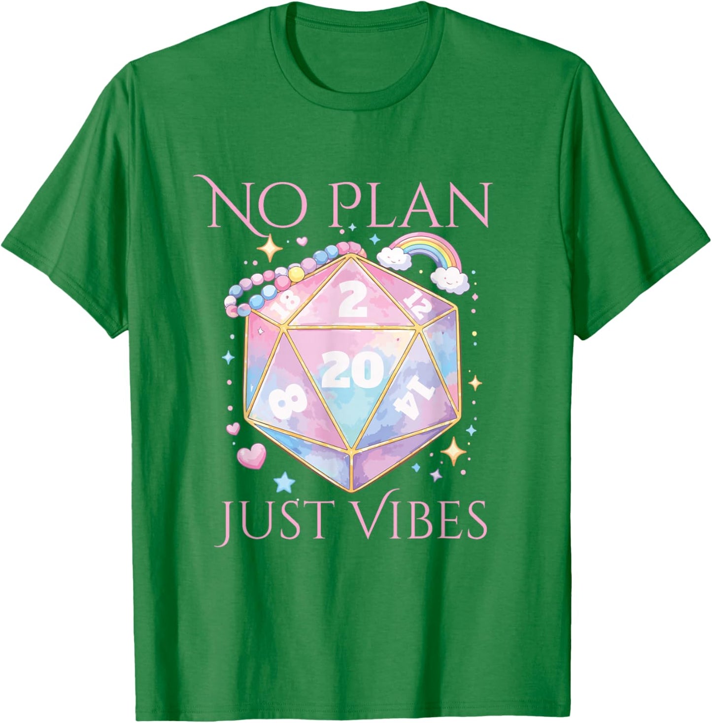 Whimsical D20 Dice Design with No Plan Just Vibes Aesthetic T-Shirt - T-Shirt | Irish Green