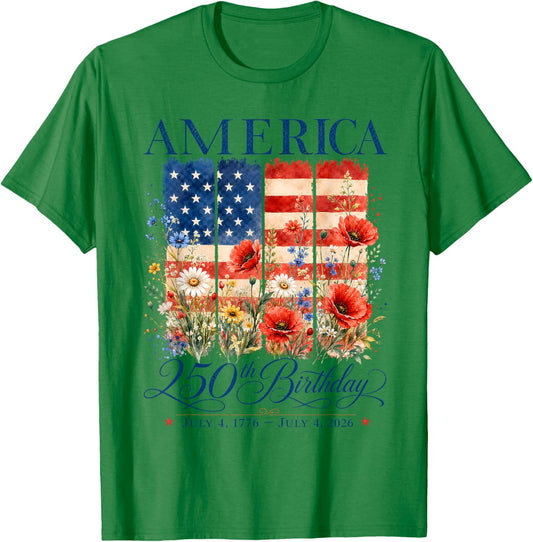 250th Anniversary USA 4th of July America 250 Years Floral T-Shirt - T-Shirt | Irish Green