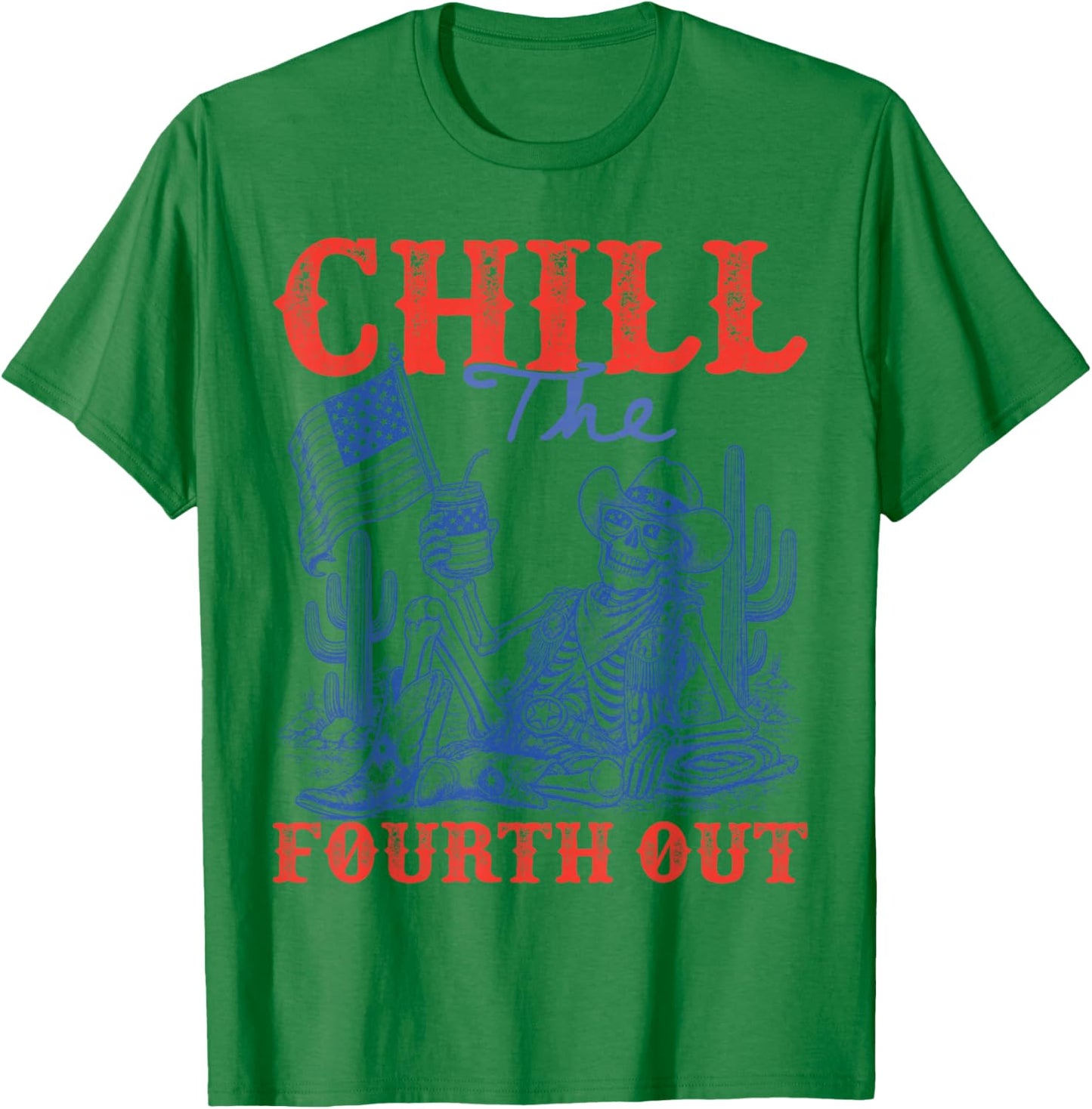 Skeleton US Flag 4th of July Cowboy Chill The Fourth Out T-Shirt - T-Shirt | Irish Green