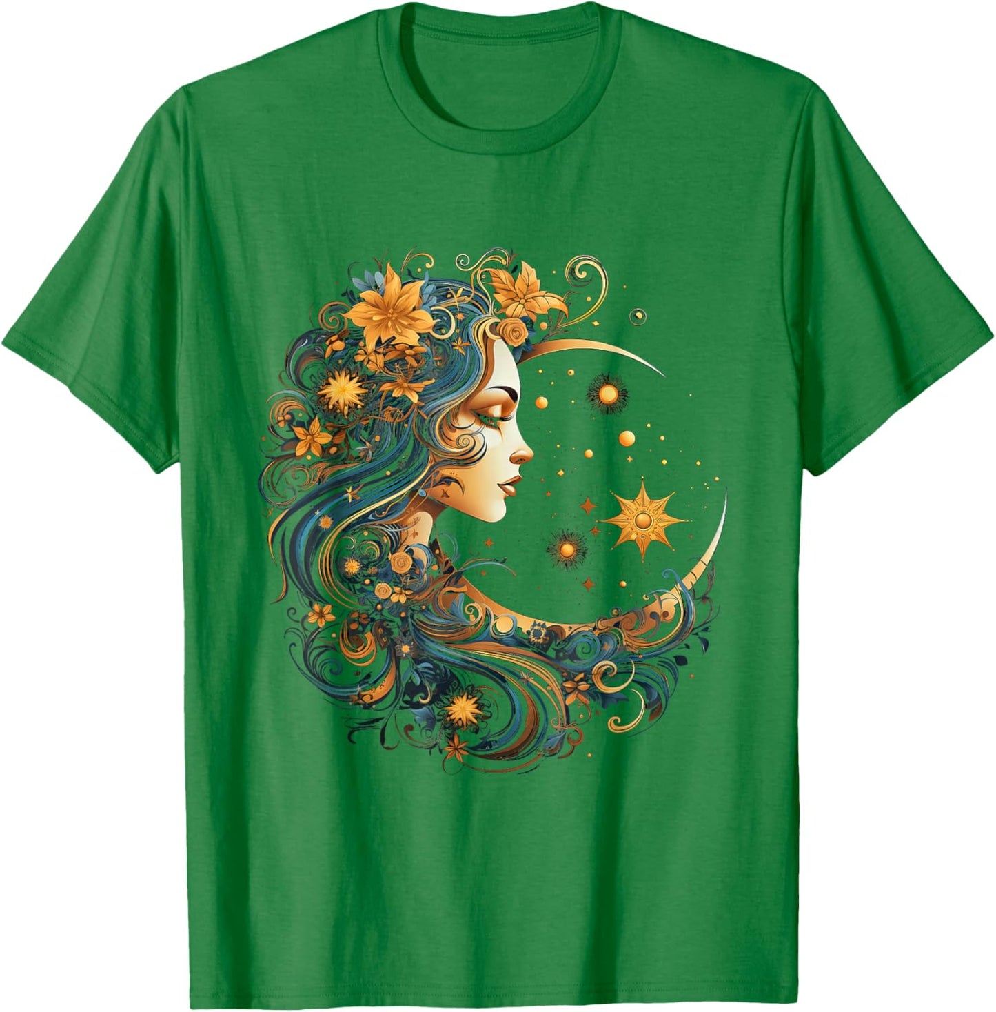 Mystical Sun and Moon with Woman Mystical Flowers Aesthetic T-Shirt - T-Shirt | Irish Green