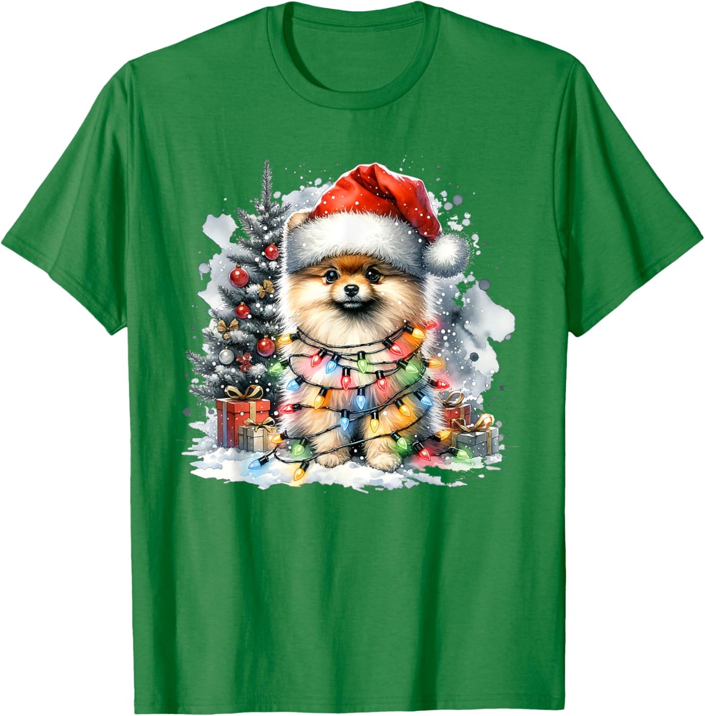 Funny Cute Santa Pomeranian Dog Tangled In Christmas Lights T-Shirt - T-Shirt | Irish Green