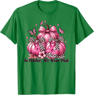 Coquette Bow Pumpkin In October We Wear Pink Breast Cancer T-Shirt - T-Shirt | Irish Green