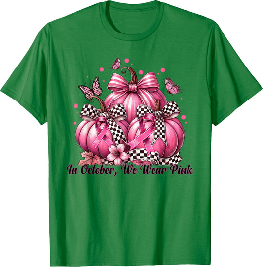 Coquette Bow Pumpkin In October We Wear Pink Breast Cancer T-Shirt - T-Shirt | Irish Green