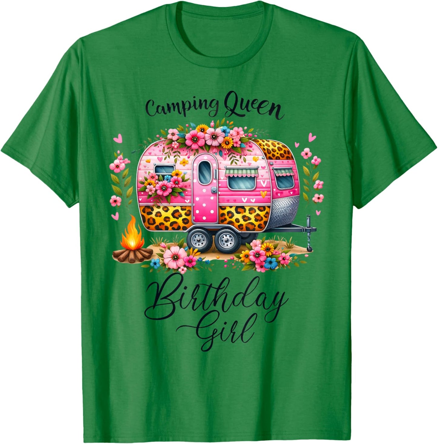 Birthday Camping Queen Camp Pink Floral Van Birthday Girl T-Shirt - T-Shirt | Irish Green