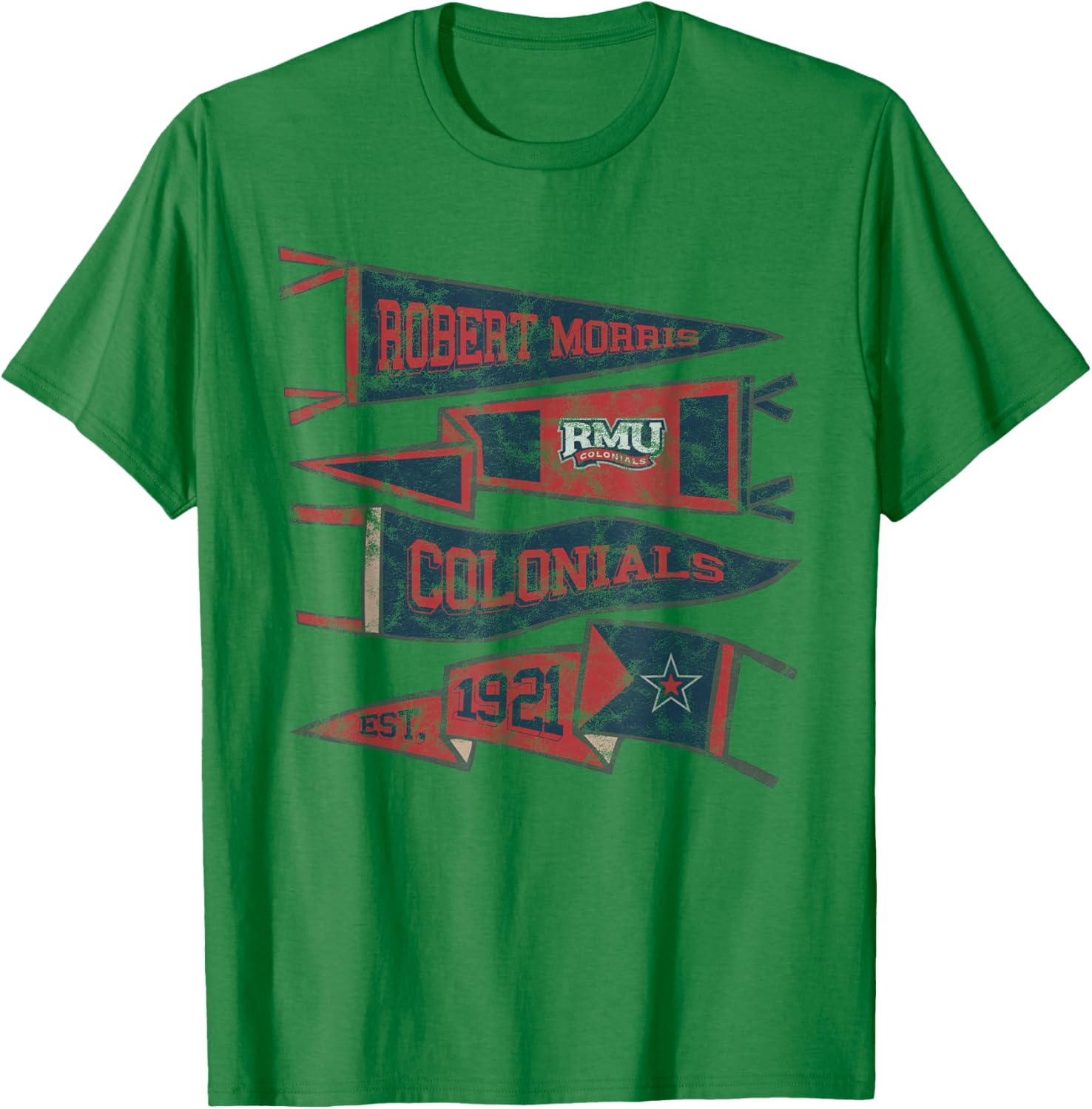 Robert Morris University Colonials Distressed Pennants T-Shirt - T-Shirt | Irish Green