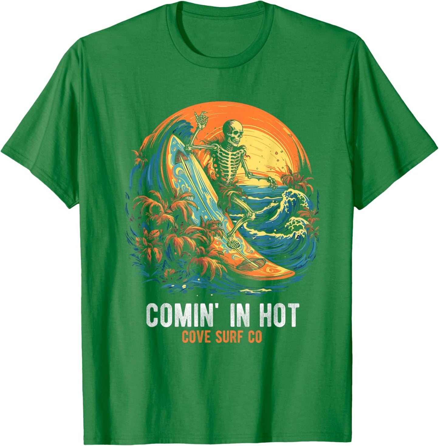 COMIN' IN HOT COVE SURF CO Surfing Skeleton T-Shirt - T-Shirt | Irish Green