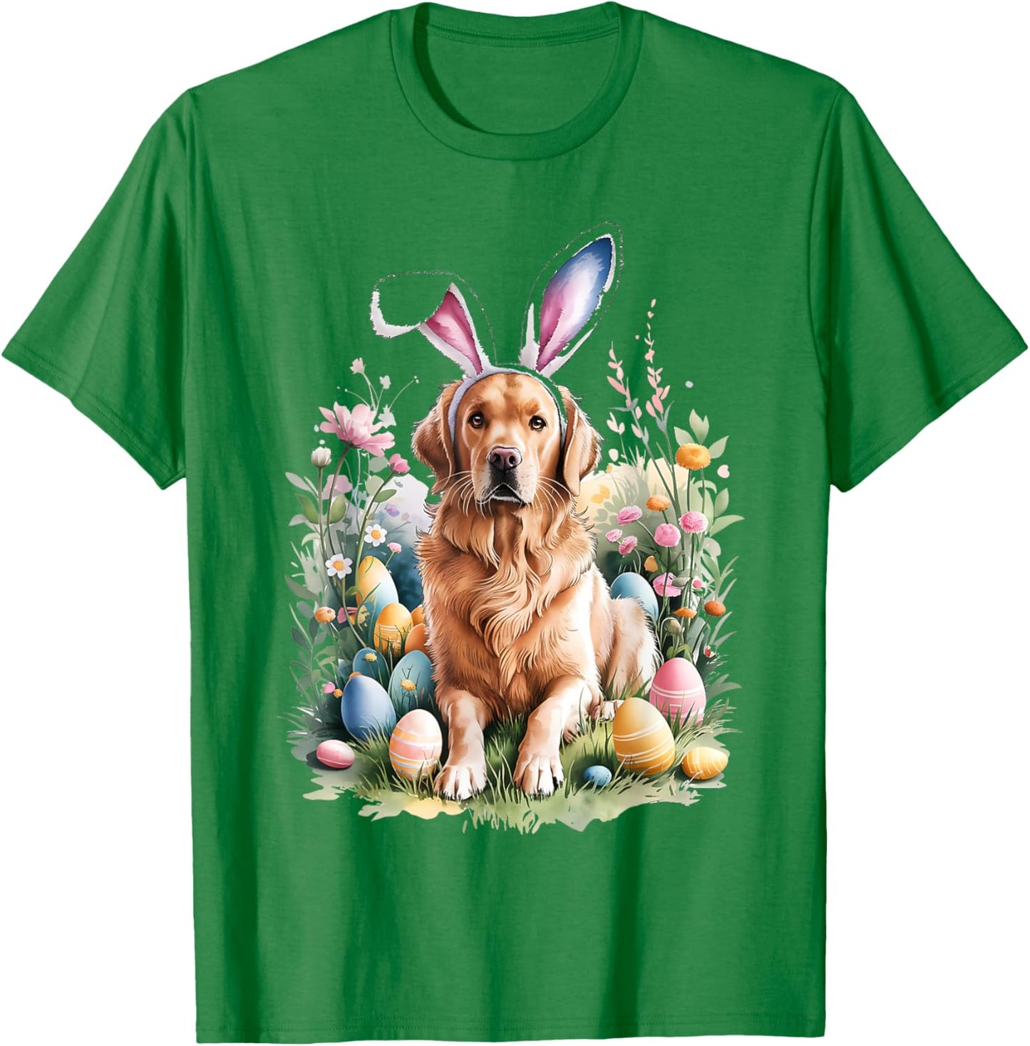 Golden Retriever Dog Bunny Ears Easter Eggs Spring Flowers T-Shirt - T-Shirt | Irish Green