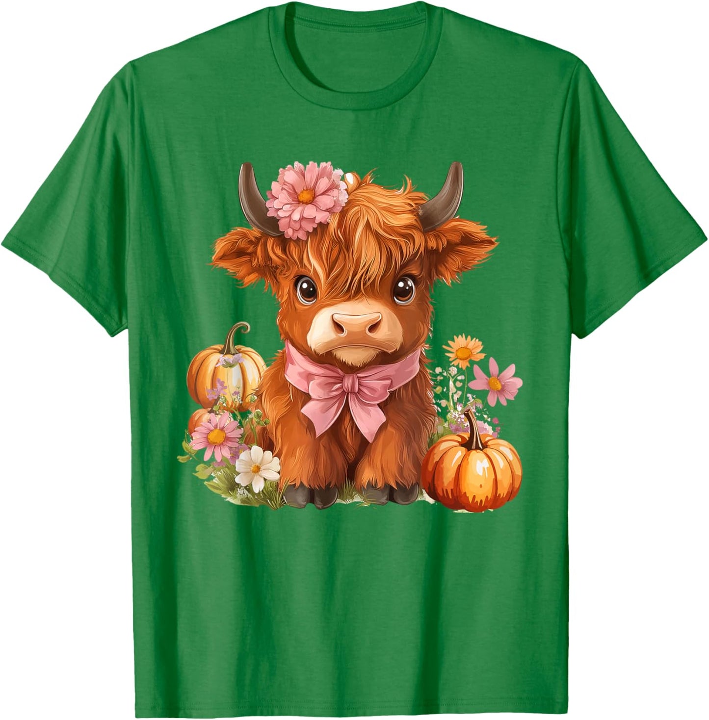 Highland Cow Pumpkin Pink Bow Ribbon Floral Autumn Fall Love T-Shirt - T-Shirt | Irish Green