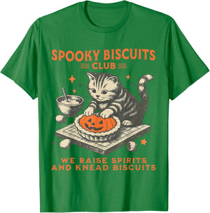 Spooky Biscuits Club We Raise Spirits and Knead Biscuits Cat T-Shirt - T-Shirt | Irish Green
